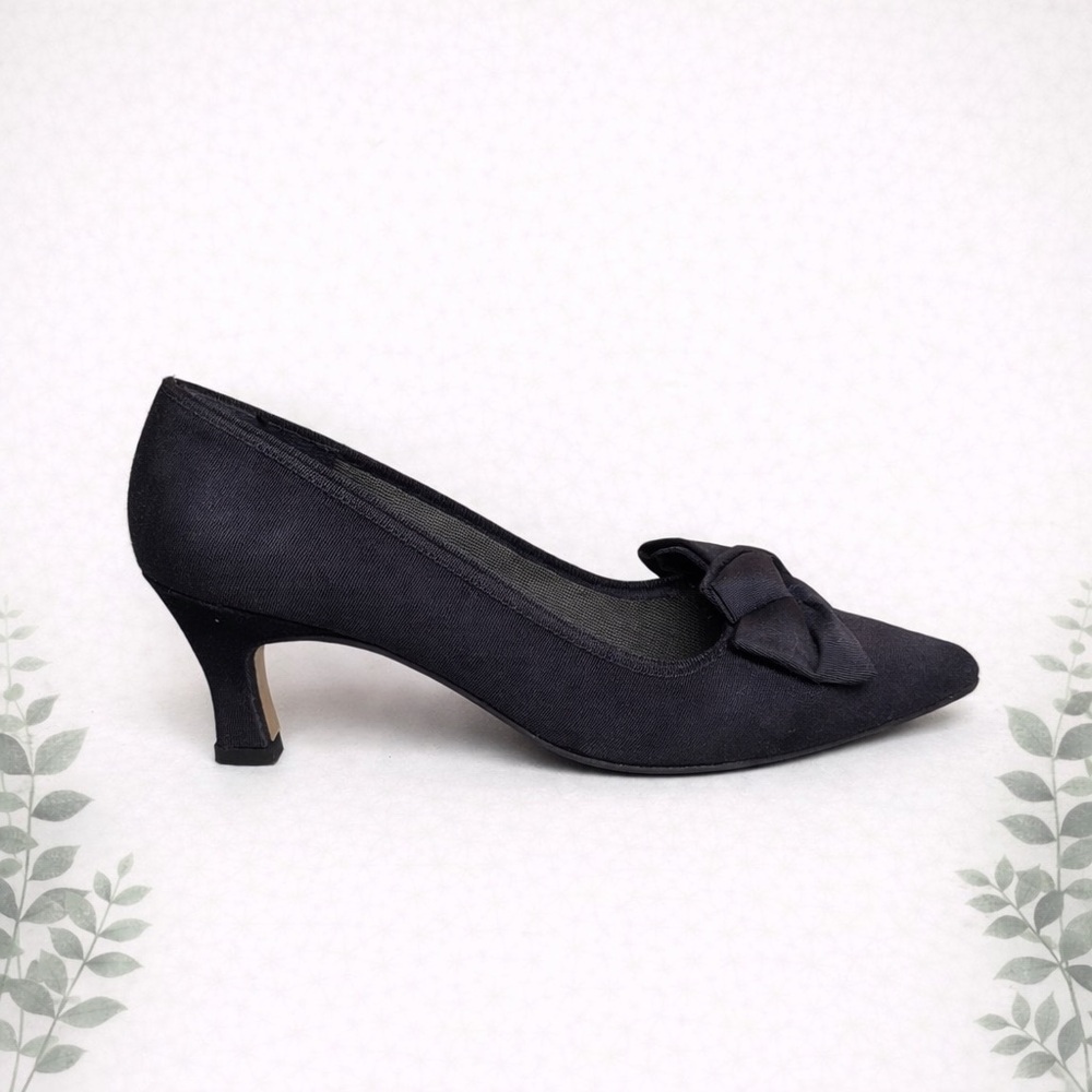 Premiere Collection Black Bow Kitten Heel Pumps Pointed Toe Dress Shoes Size 6.5